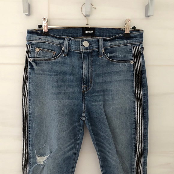 Hudson Distressed Silver Studded Light Blue Stretchy Skinny Jeans - Picture 2 of 9